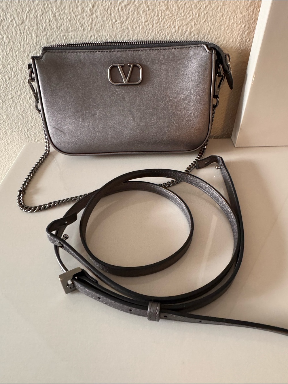 Valentino Garavani Metallic Silver VLogo Crossbody Bag